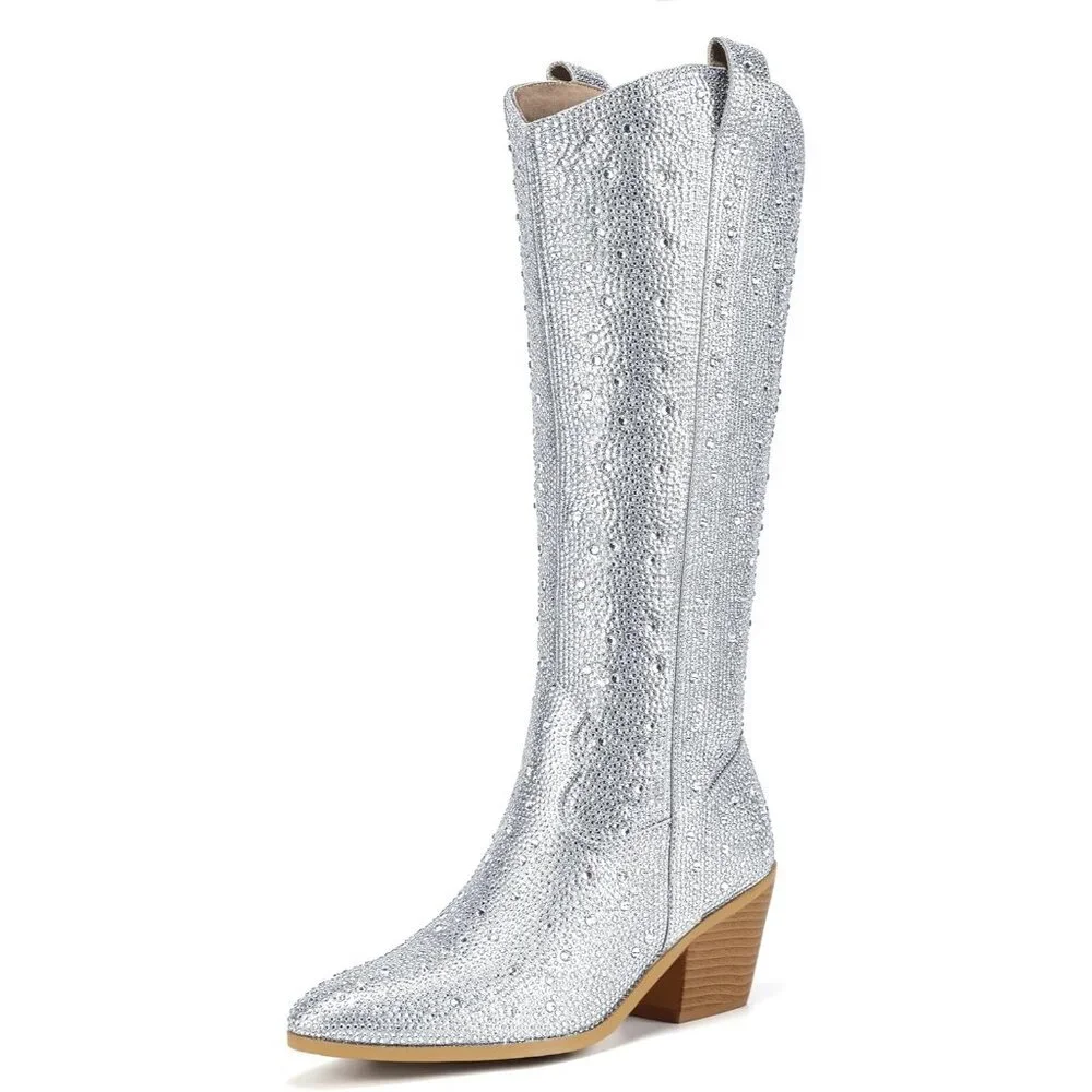Women's Rhinestone Cowboy Boots Knee High Western Cowgirl Boots Pointed Toe